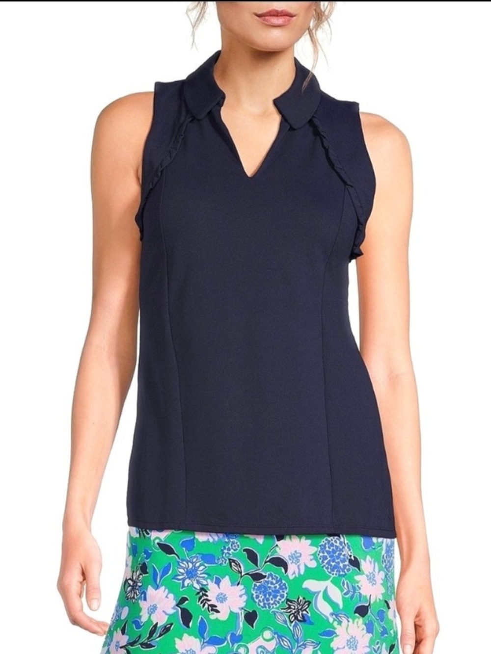 Lilly Pulitzer Martina Luxletic Knit Collared V-Neck Sleeveless Ruffle Top XS